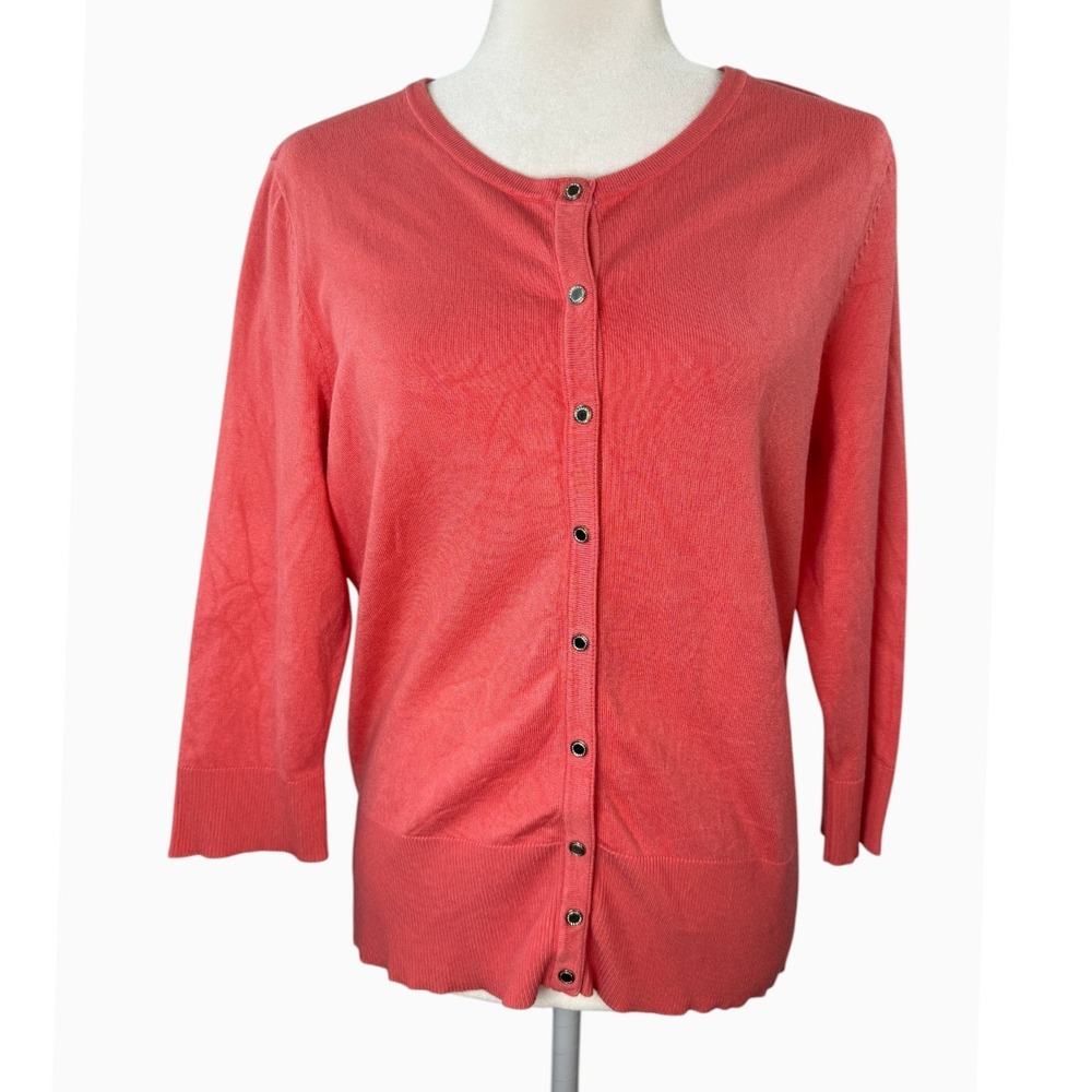 White House Black Market Women's L Coral Snap Front 3/4 Sleeve Cardigan Sweater